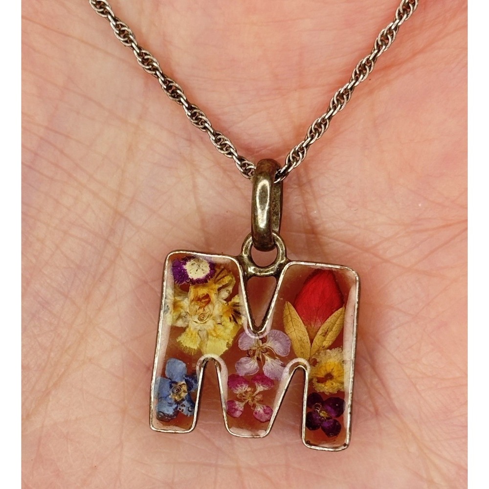Sterling Silver Initial M Necklace 925 Mexico Pressed Flowers Pendant Monogram
